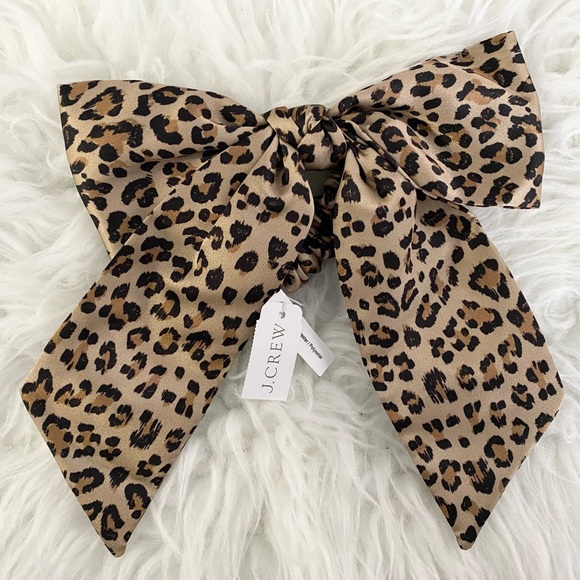 NWT J. Crew Satin Sand Leopard Brown Black Cream Elastic Scrunchie Bow Hair Tie - Picture 1 of 2